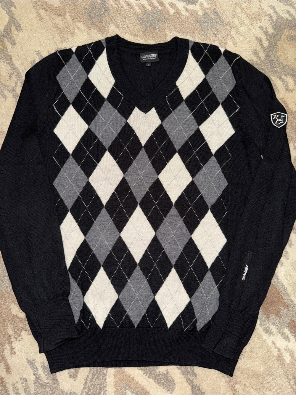 Galvin Green Black V-Neck Argyle Sweater M
